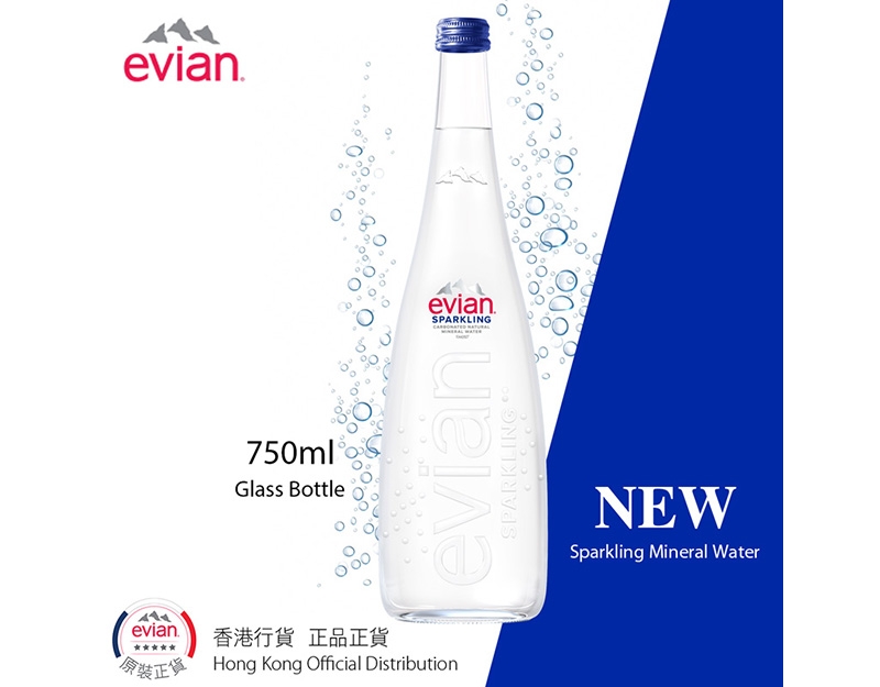 法國Evian 有氣天然礦泉水-玻璃樽裝 ($328/箱) Evian Sparkling Natural Mineral Water 750mlx12-Glass